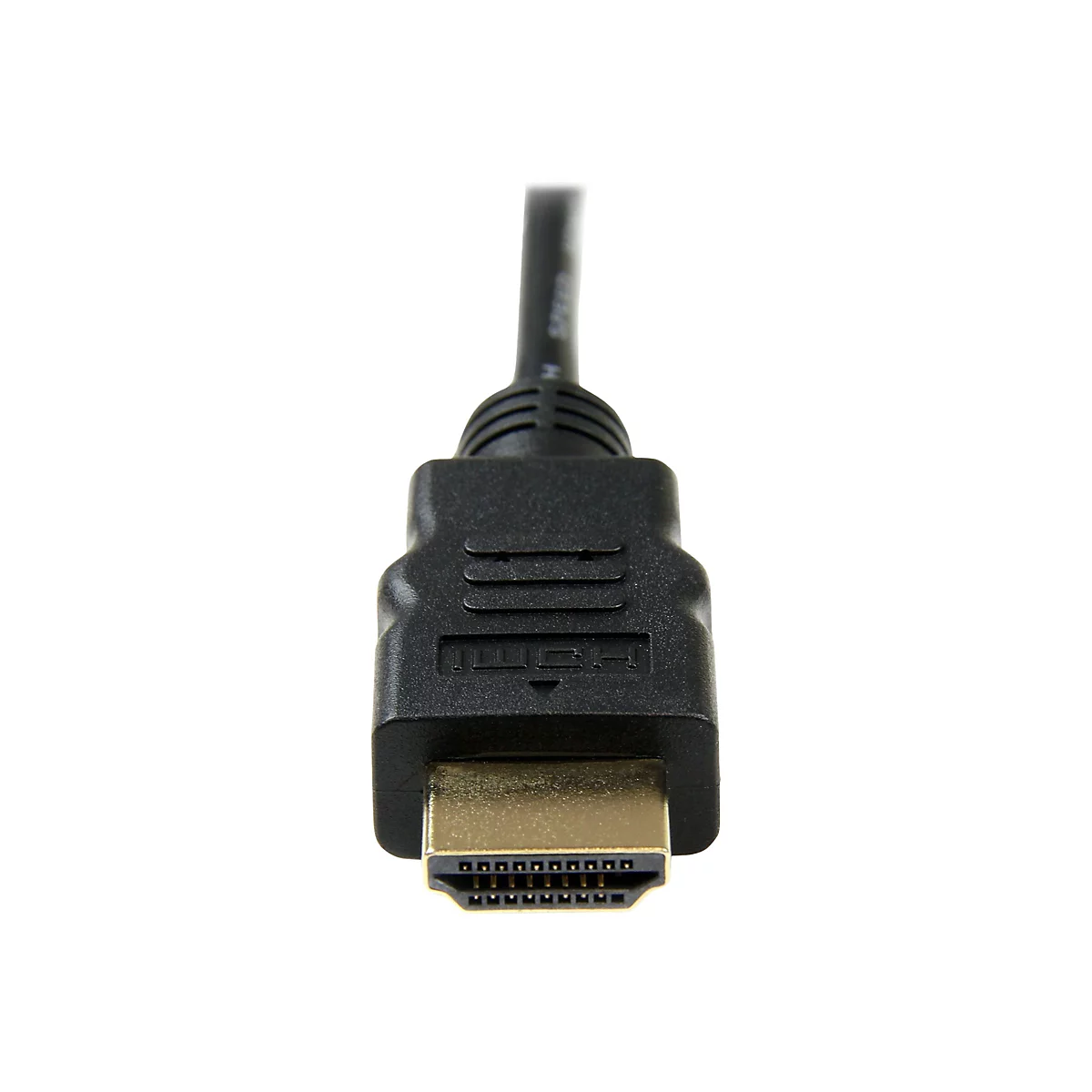 Nahaufnahme eines schwarzen HDMI-Kabels mit goldenem Anschluss. Der Stecker ist nach vorne gerichtet. Auf der Steckerfront ist HDMI aufgedruckt.