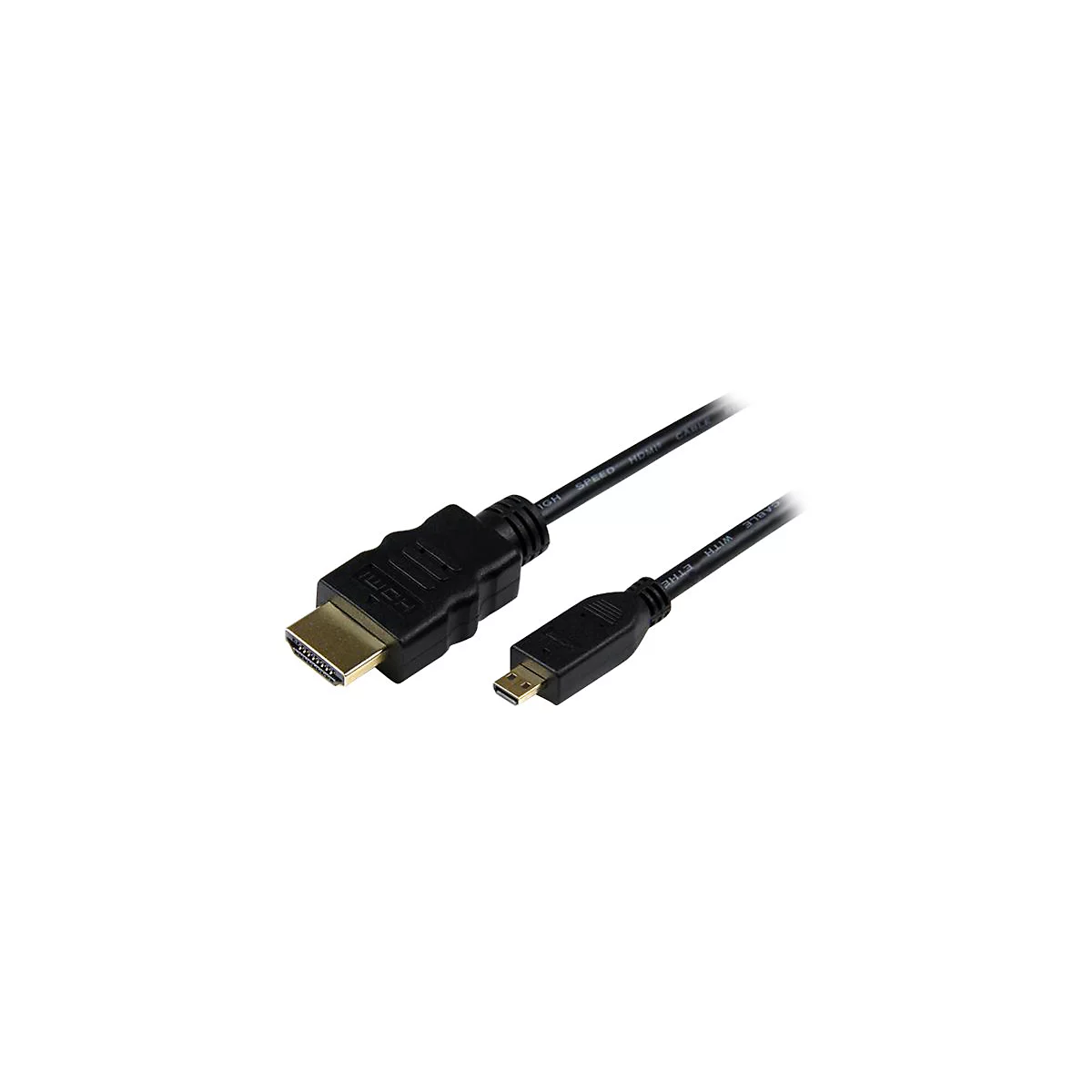 Schwarzes HDMI-Kabel mit Stecker an beiden Enden. Einer ist normal, der andere ist kleiner.