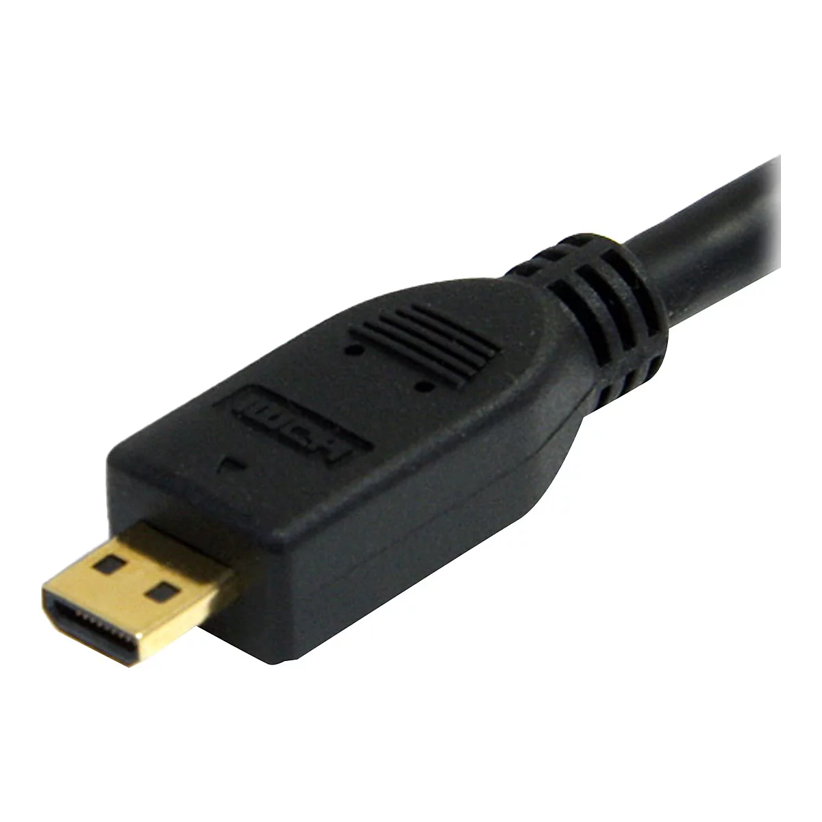 Nahaufnahme eines schwarzen HDMI-Kabels mit vergoldetem Stecker.