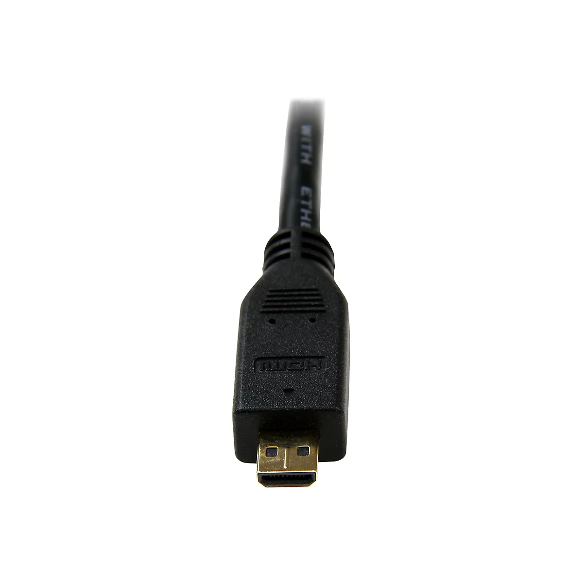 Nahaufnahme eines schwarzen HDMI-Kabels. Deutlich sichtbar ist der Stecker mit goldenen Pins.