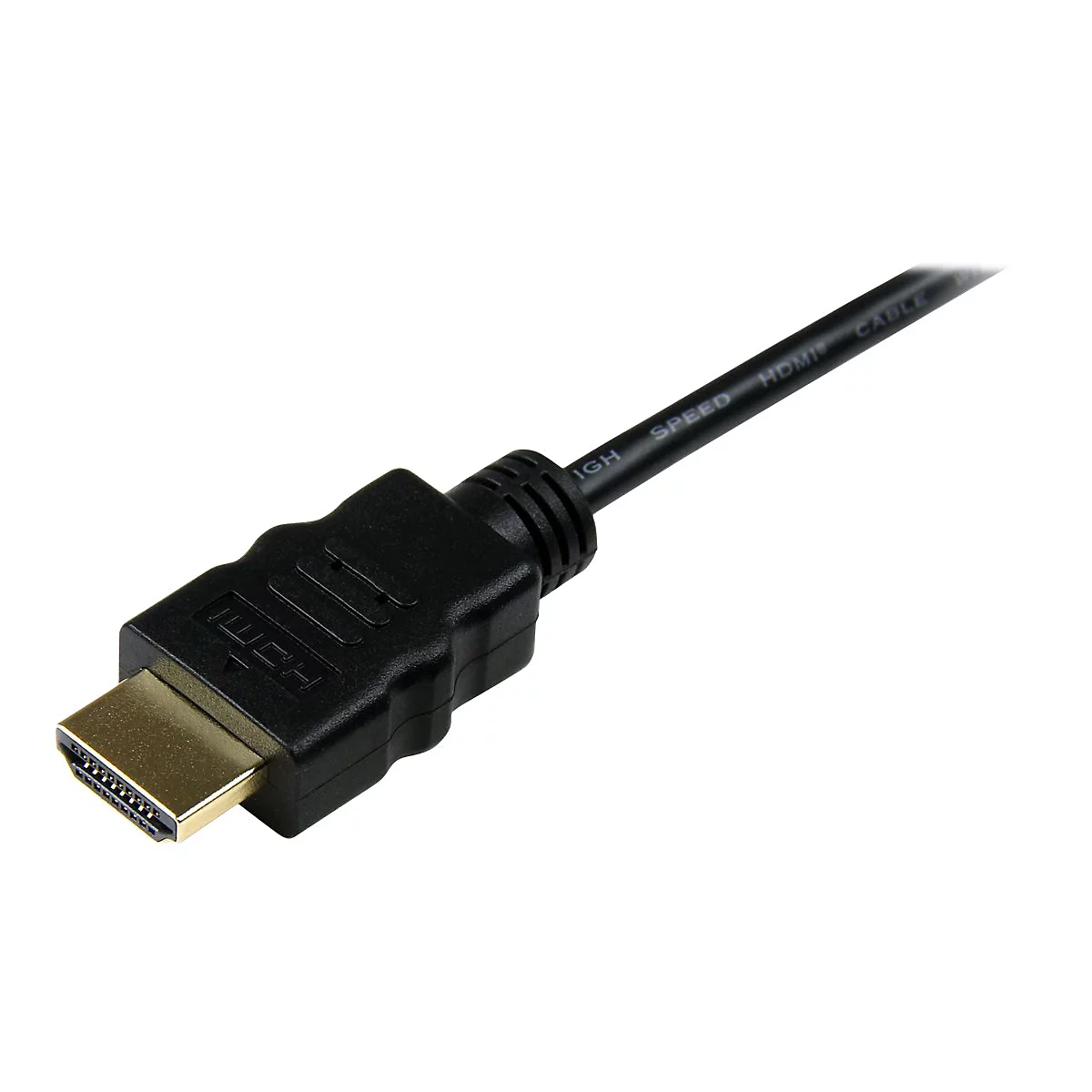 Nahaufnahme eines schwarzen HDMI-Kabels. Der Stecker ist goldfarben, das Kabel trägt die Aufschrift "HIGH SPEED HDMI CABLE".