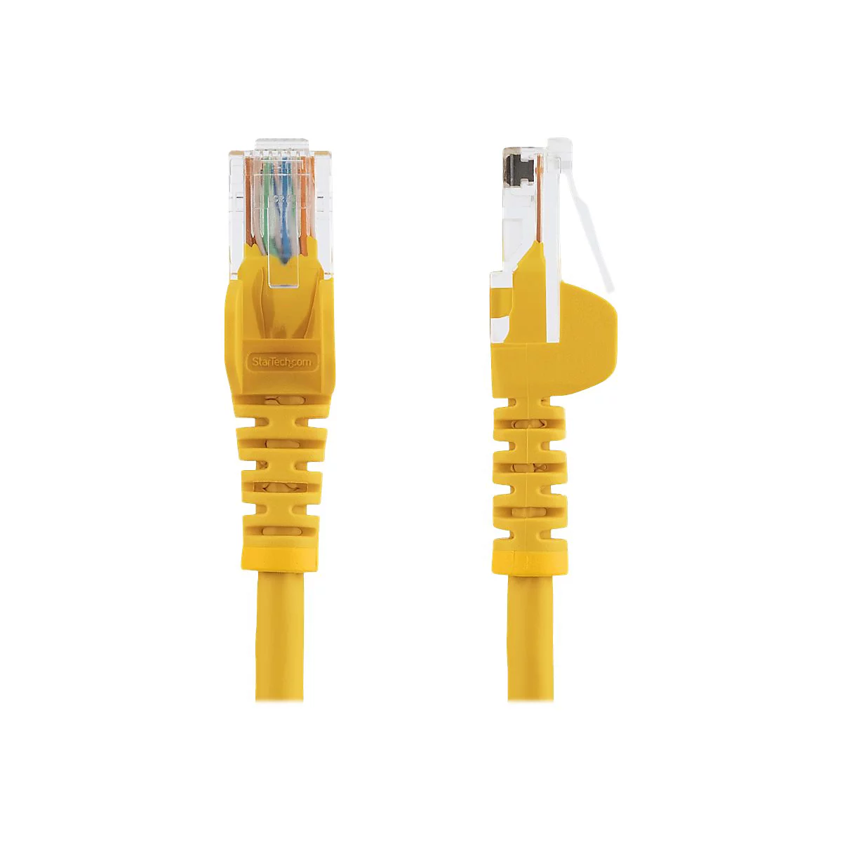 Gelbes Ethernet-Kabel, Ansichten von vorne und der Seite. Der Stecker ist transparent mit farbigen Drähten und einem gelben Gehäuse.