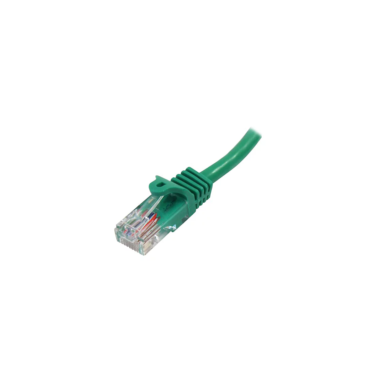 Grüner Ethernet-Stecker, Detailaufnahme. Durchsichtiges Plastikgehäuse mit farbigen Kabeln. Grüner Kabelanschluss.