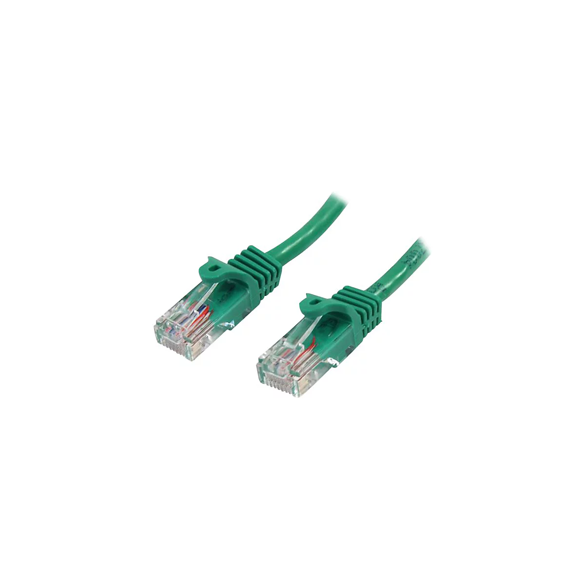 Zwei grüne Ethernet-Kabel-Stecker mit durchsichtigen Anschlüssen.