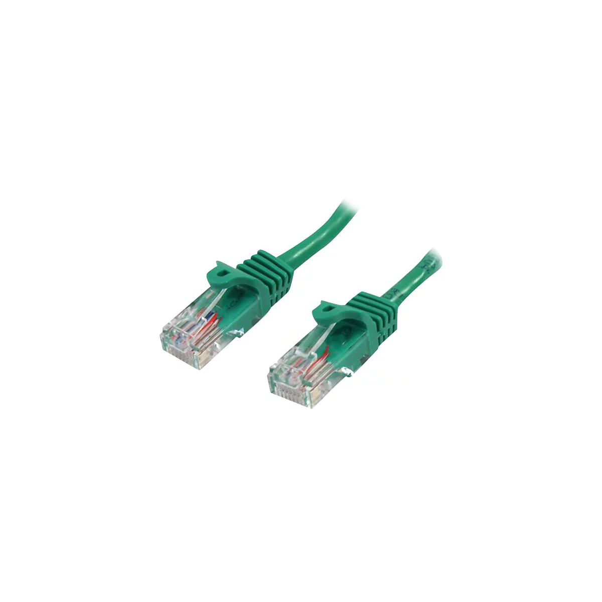 Zwei grüne Ethernet-Kabel-Stecker im Detail. Transparente Kontakte mit farbigen Drähten.