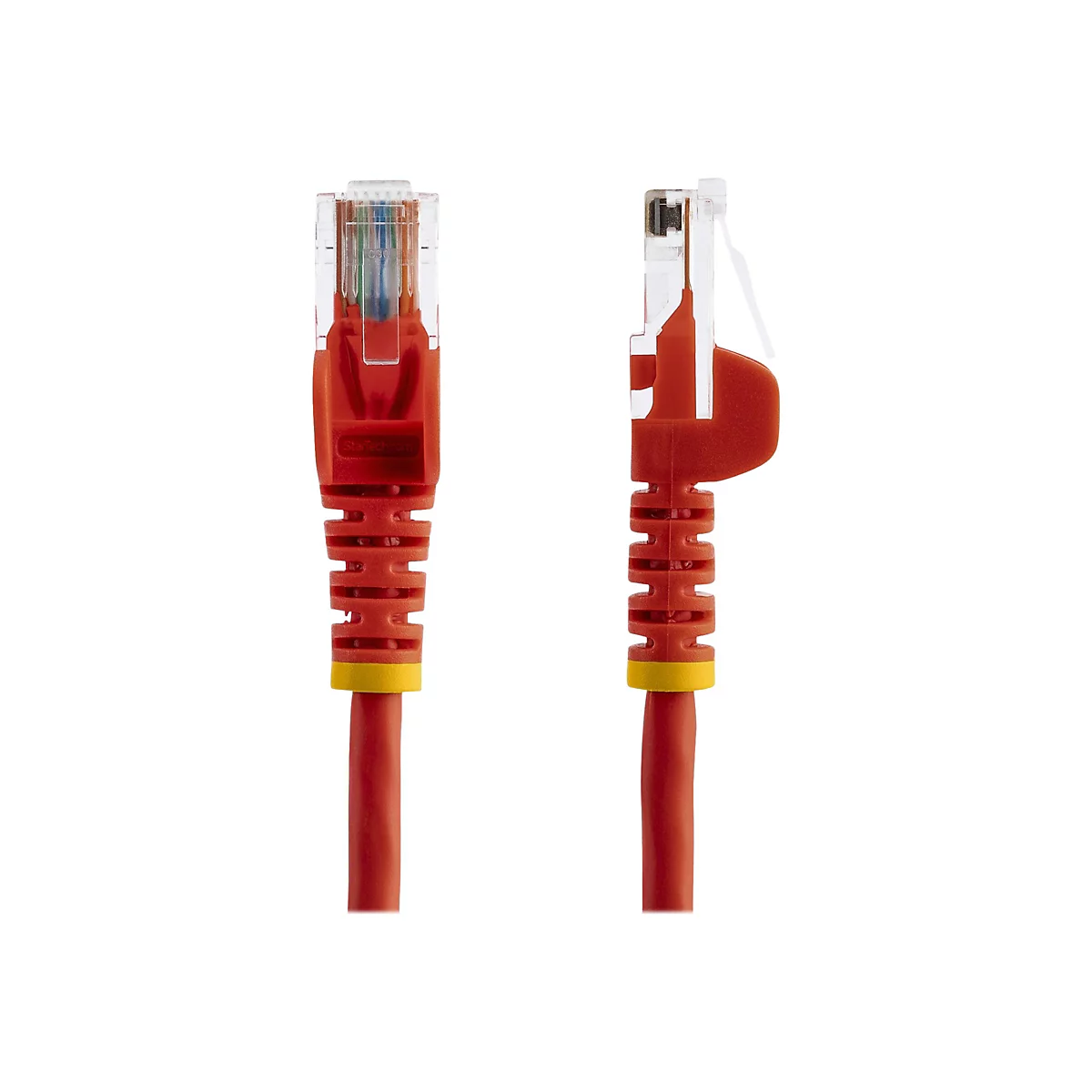 Zwei rote RJ45-Kabel mit transparentem Stecker und gelbem Ring auf weißem Grund. Auf einem Stecker steht "StarTech.com".