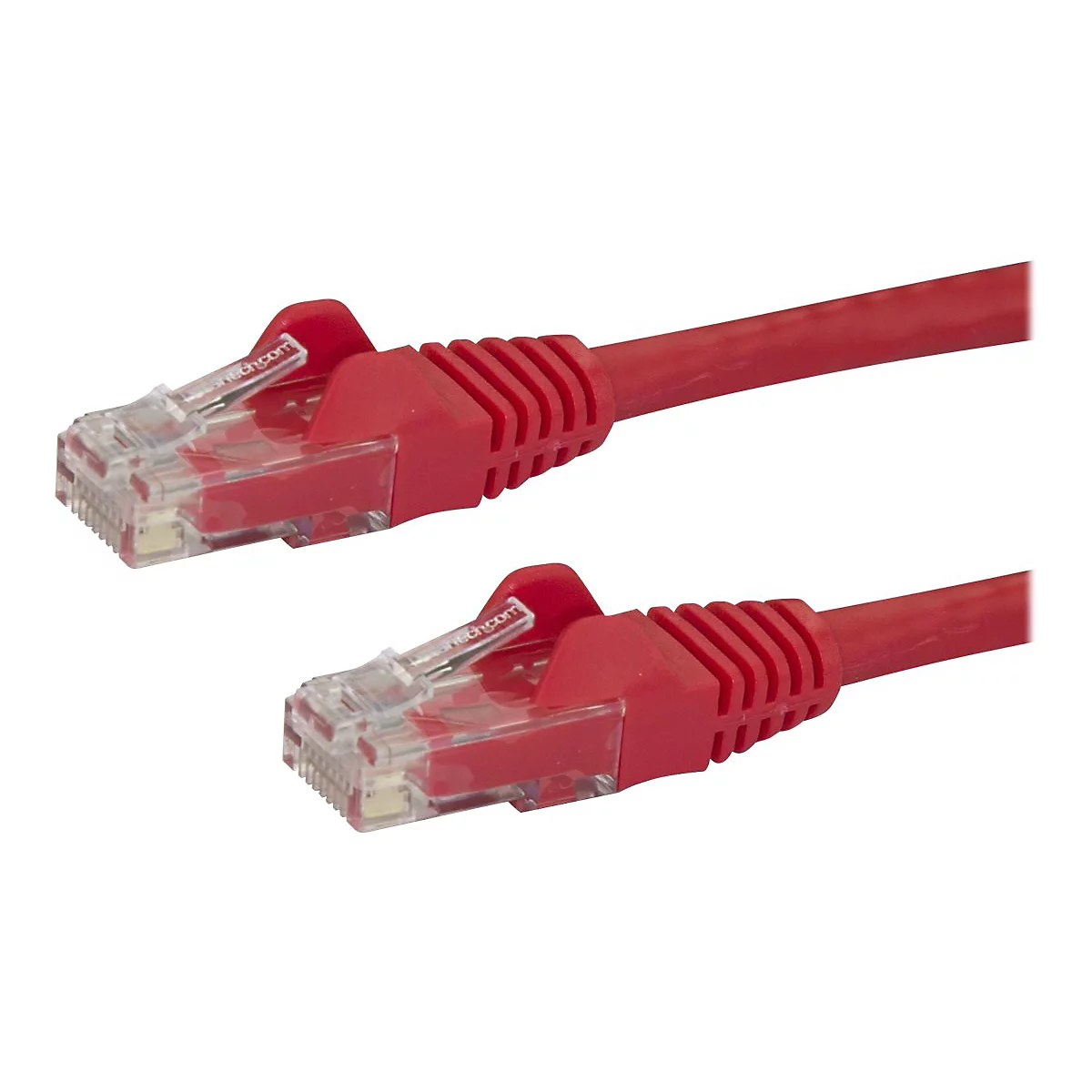 Zwei rote Ethernet-Kabel auf weißem Hintergrund.