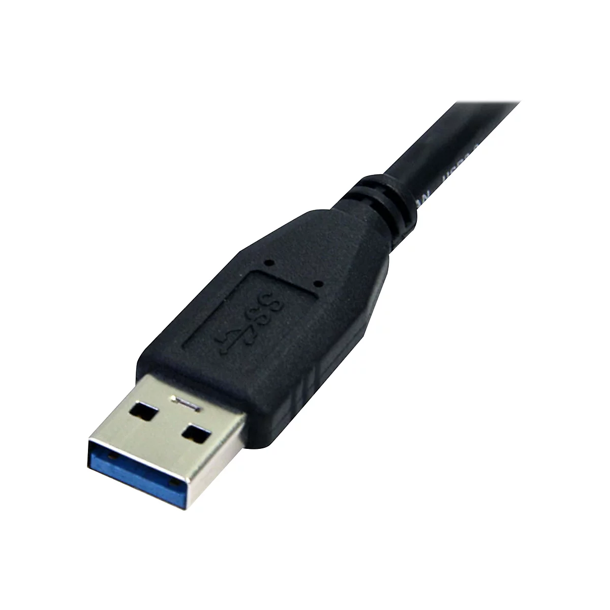 Nahaufnahme eines schwarzen USB-Kabels, Stecker mit blauem Innenleben, SS-Logo.