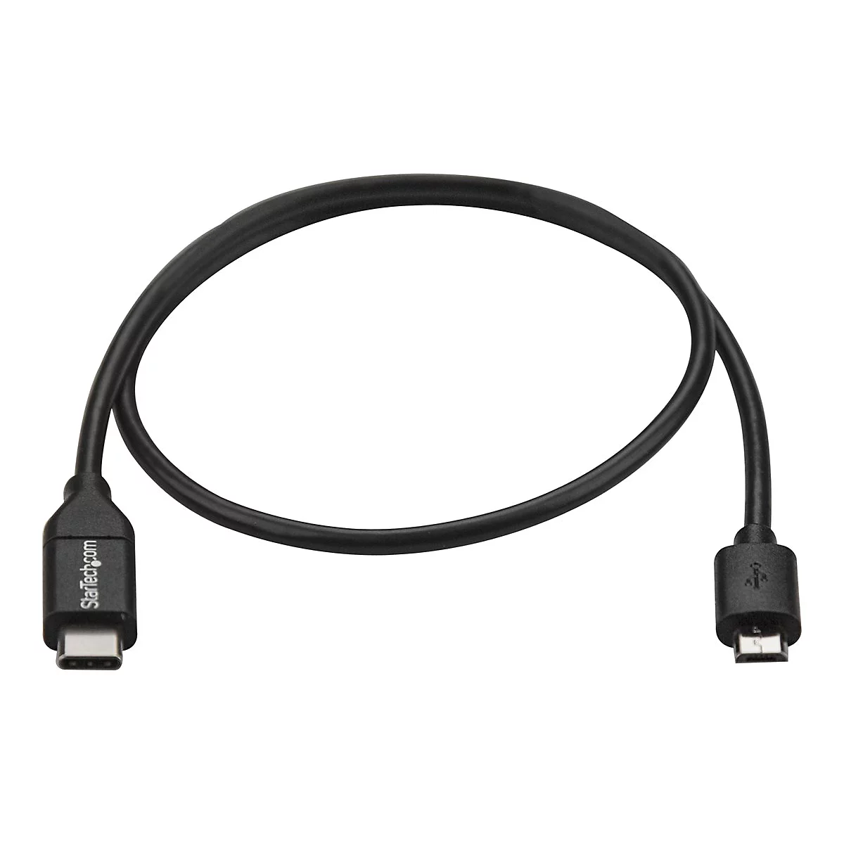 Ein schwarzes USB-Kabel mit USB-C- und Micro-USB-Anschlüssen. Der Schriftzug Startech.com ist auf dem USB-C-Anschluss zu sehen.