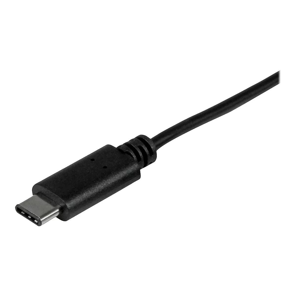 Ein schwarzes USB-C-Kabel. Der Stecker ist silberfarben, der Rest des Kabels ist schwarz.