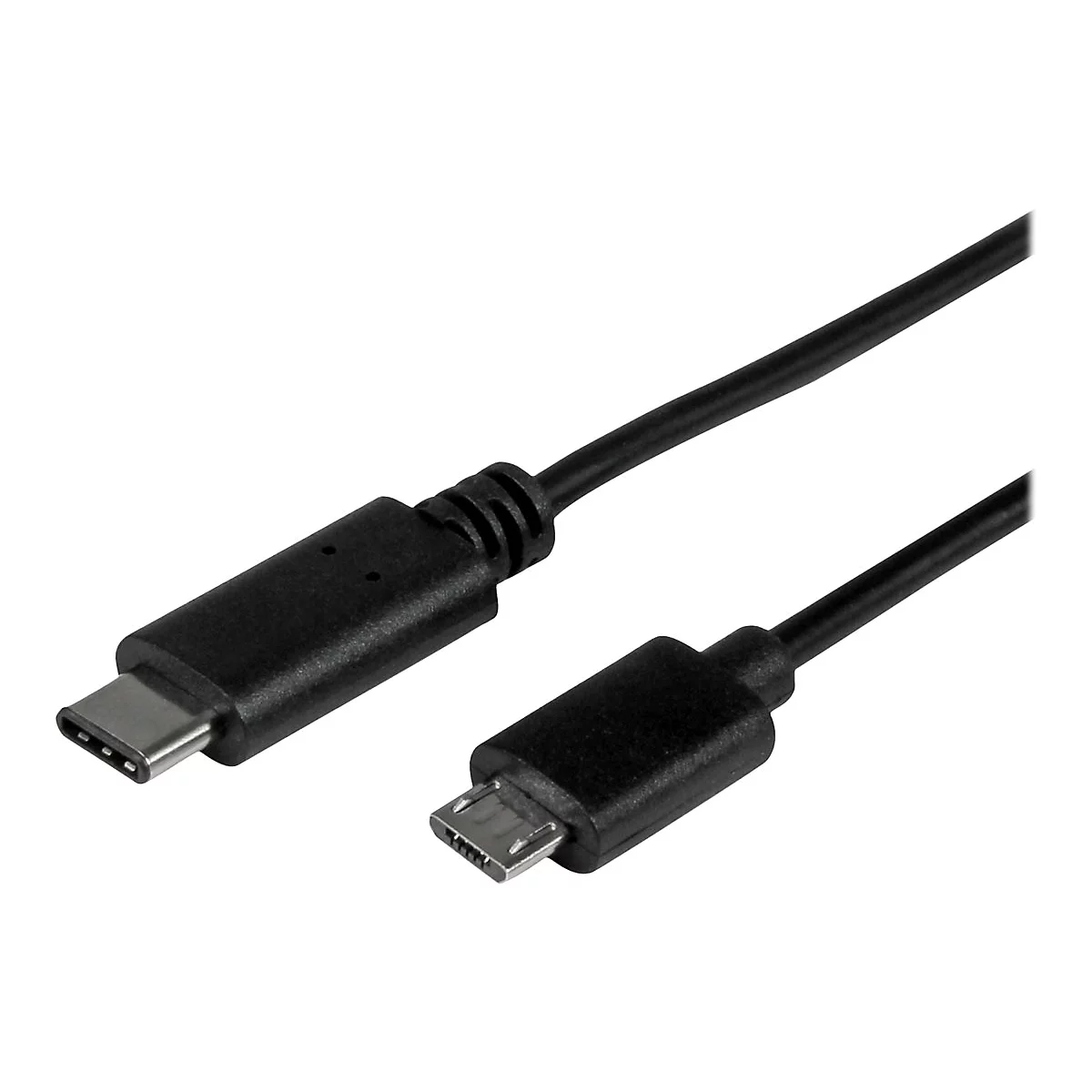 Schwarzes USB-C-auf-Micro-USB-Kabel. Auf weißem Hintergrund. Beide Stecker sind deutlich zu sehen.