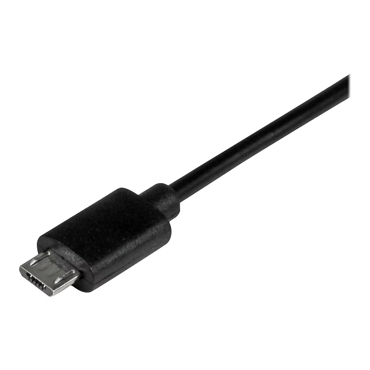 Nahaufnahme eines schwarzen Micro-USB-Kabels. Das Kabel hat einen rechteckigen Stecker mit einer silbernen Schnittstelle.