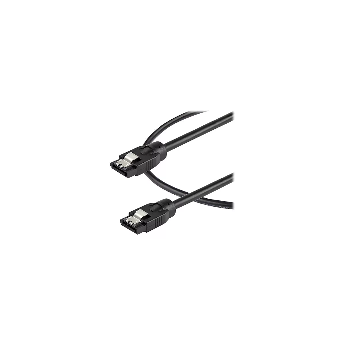 Schwarzes SATA-Kabel mit Metall-Clip-Verriegelung an beiden Enden auf weißem Hintergrund.