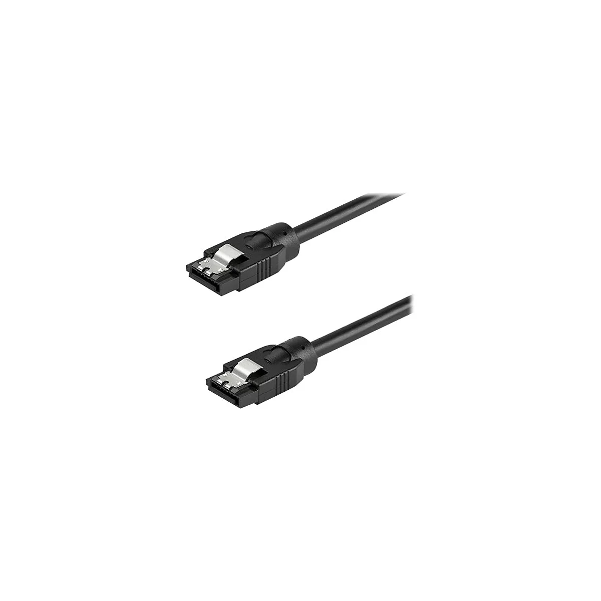 Zwei schwarze SATA-Datenkabel mit Metallverriegelung vor weißem Hintergrund.