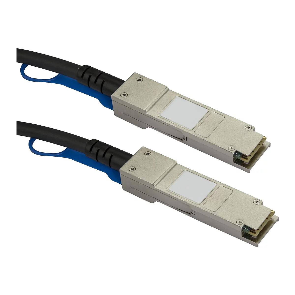 Zwei SFP+ Transceiver-Kabel auf weißem Hintergrund. Schwarze Kabel enden in silberfarbenen Metallgehäusen mit Schrauben und einem rechteckigen, weißen Etikett.