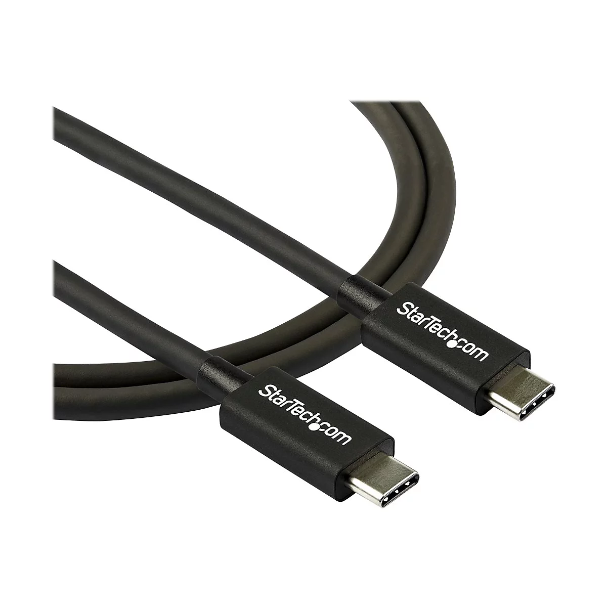 Ein schwarzes USB-C-Kabel von StarTech.com vor weißem Hintergrund. Die Enden sind deutlich sichtbar.