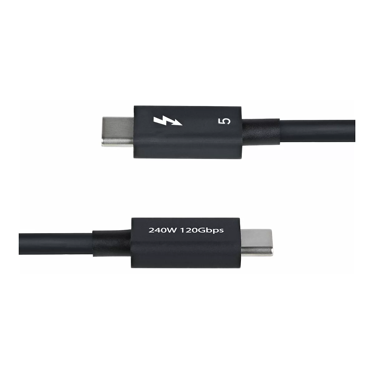 Câble Thunderbolt 5 noir avec deux connecteurs USB-C. Un connecteur indique "240W 120Gbps", l'autre "5" et un symbole d'éclair.