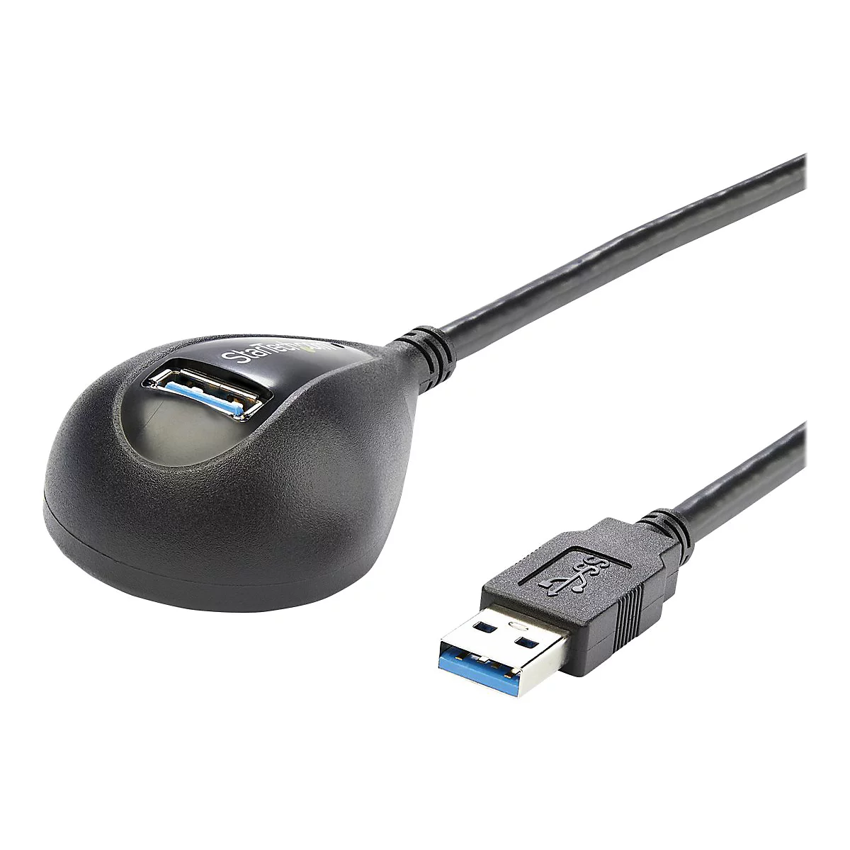 Schwarzer USB-Hub mit einem USB-Stecker. Der Hub hat ein USB-3.0-Anschluss, und das Kabel ist mit einem USB-A-Stecker versehen.
