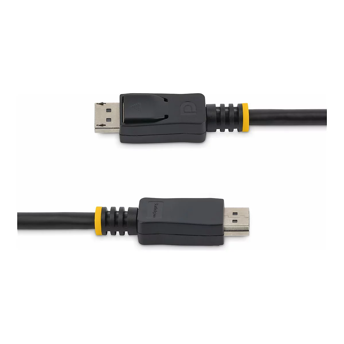 Schwarzes DisplayPort-Kabel mit gelben Akzenten und schwarzen Anschlüssen, vor weißem Hintergrund.