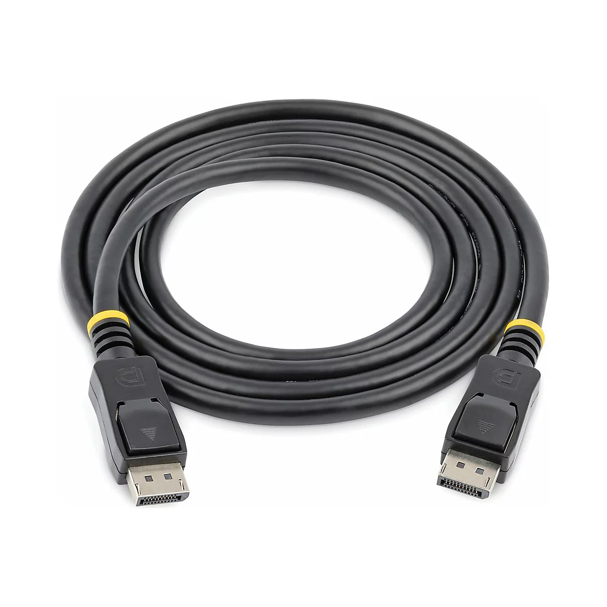 Schwarzes DisplayPort-Kabel mit gelben Akzenten und schwarzen Anschlüssen, auf weißem Hintergrund gewickelt.