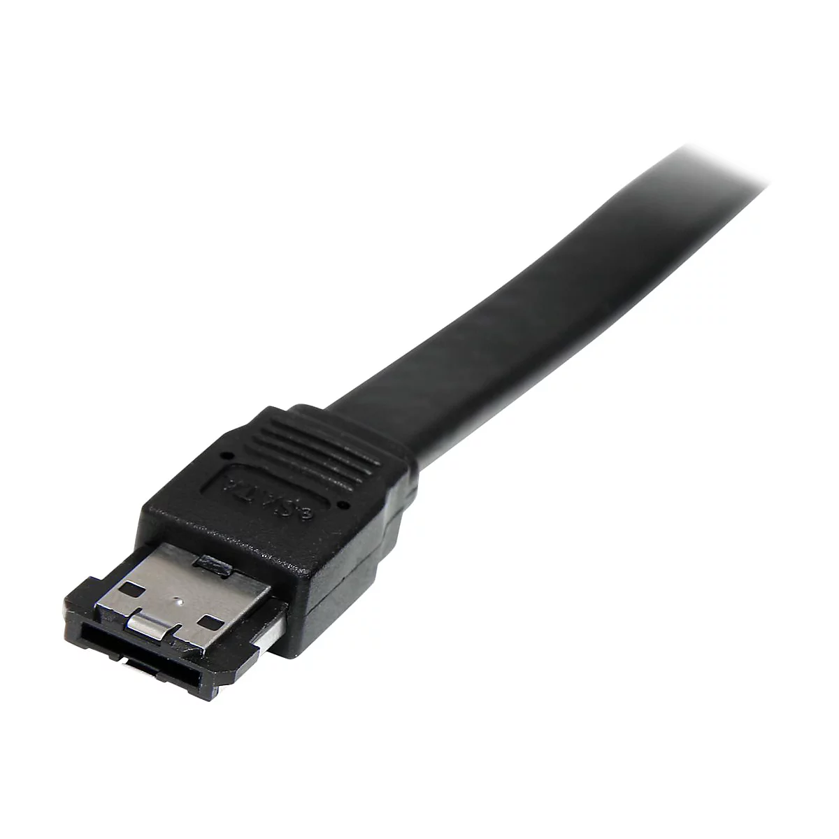 Ein schwarzes eSATA-Kabel, schräg von unten rechts nach oben links, zeigt einen Stecker mit der Aufschrift „eSATA“.