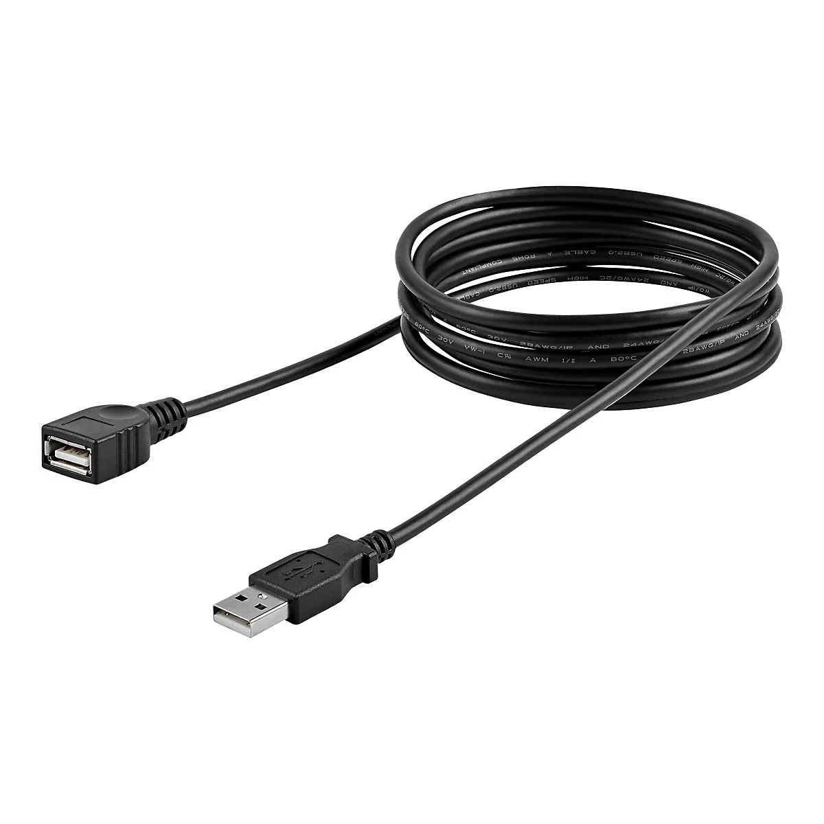 Ein schwarzes USB-Verlängerungskabel, das auf weißem Hintergrund dargestellt wird. Stecker und Buchse sind zu sehen.