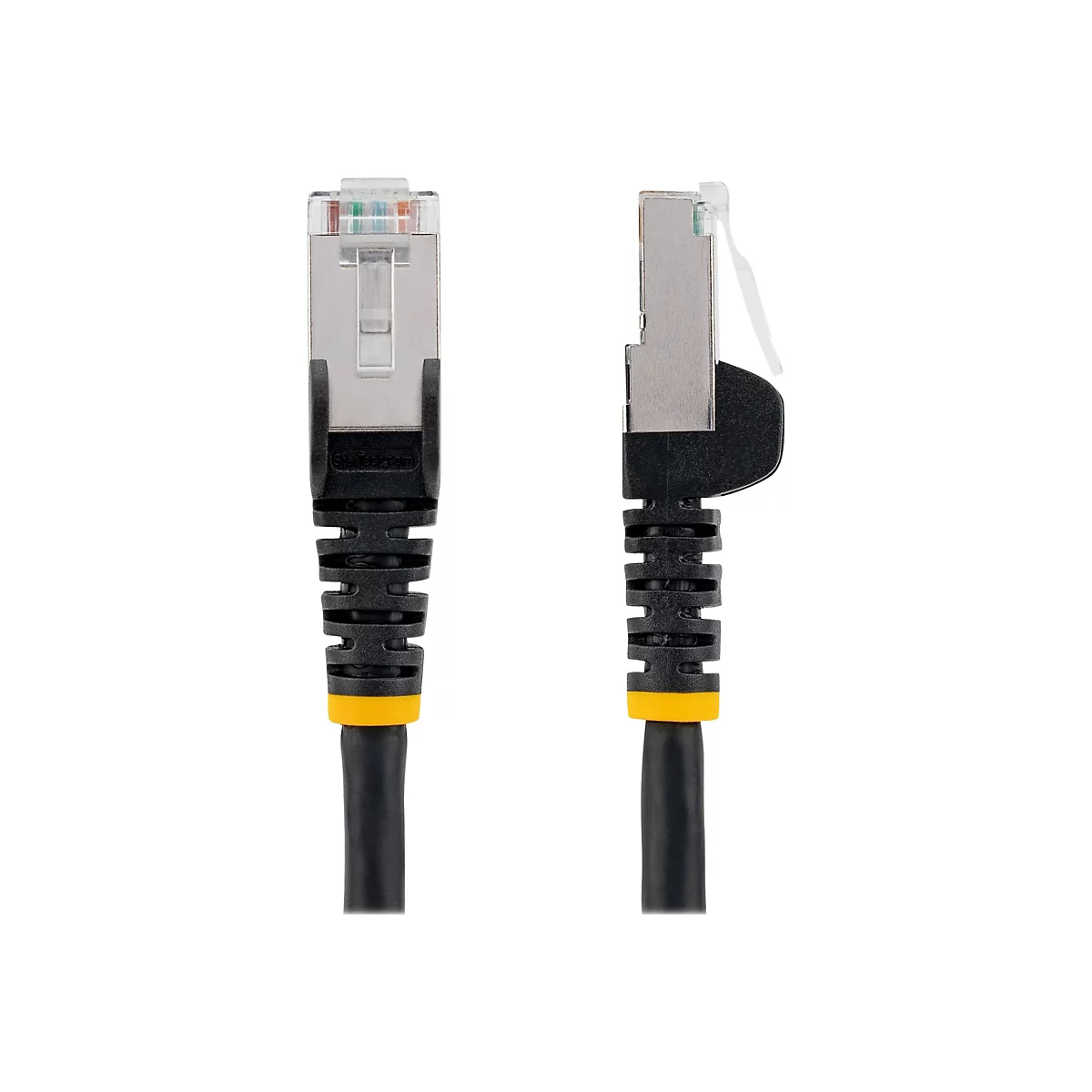 Zwei RJ45-Stecker, links gerade, rechts gewinkelt. Schwarzes Kabel mit gelben Akzenten.