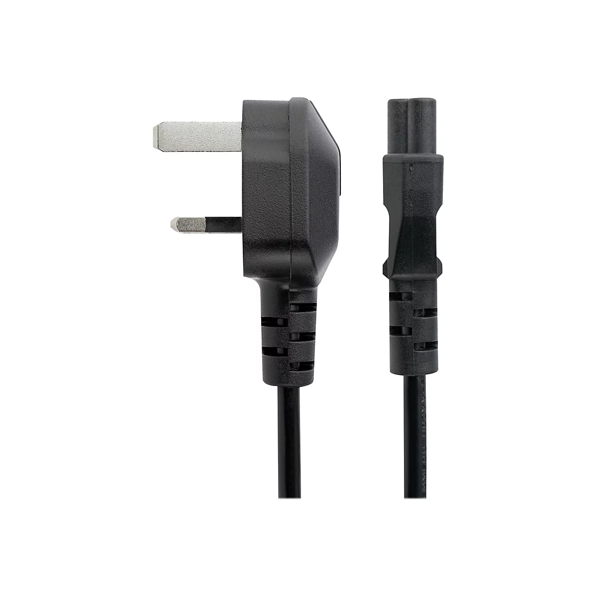 Ein schwarzer Netzstecker mit zwei Pins und ein Kabelanschluss mit zwei Löchern, beide vor weißem Hintergrund.