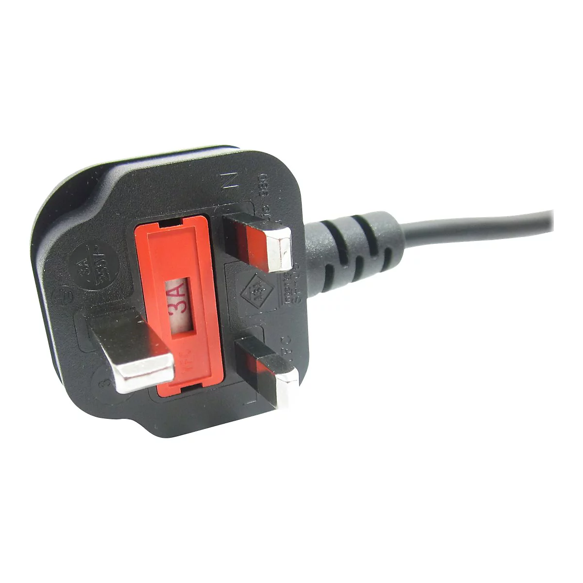 Ein schwarzer Stecker mit drei Stiften. Im roten Bereich steht 3A.