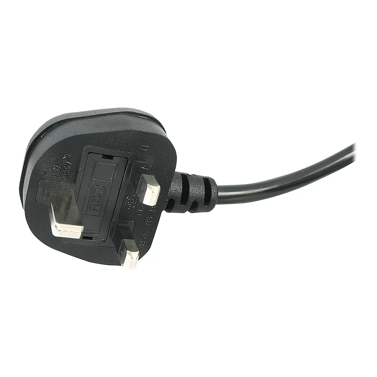 Nahaufnahme eines schwarzen Steckers mit drei Metallstiften und dem Wort "FUSED".