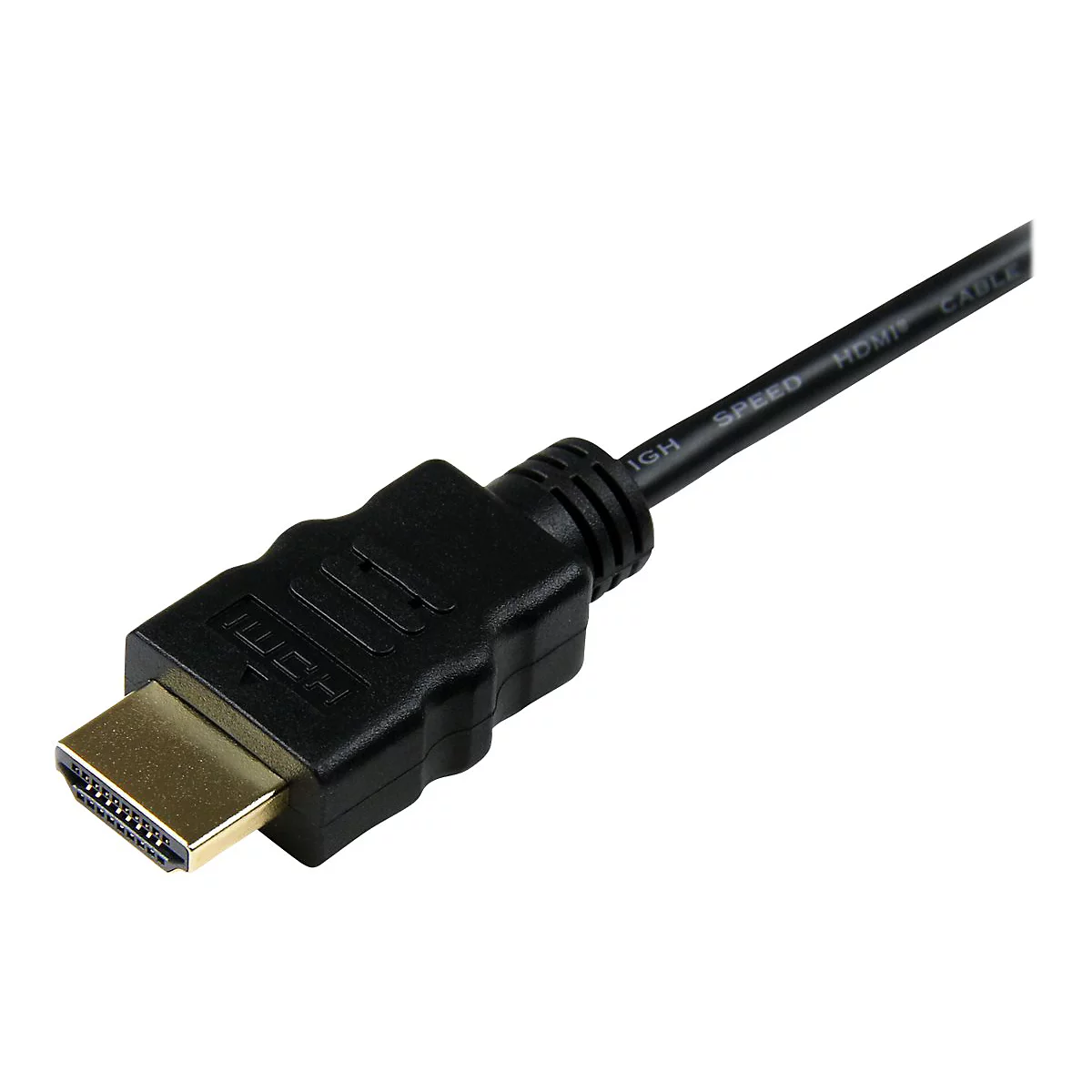 Nahaufnahme eines HDMI-Kabels. Schwarzer Stecker mit goldenem Innenleben. Der Kabelstrang ist ebenfalls schwarz.