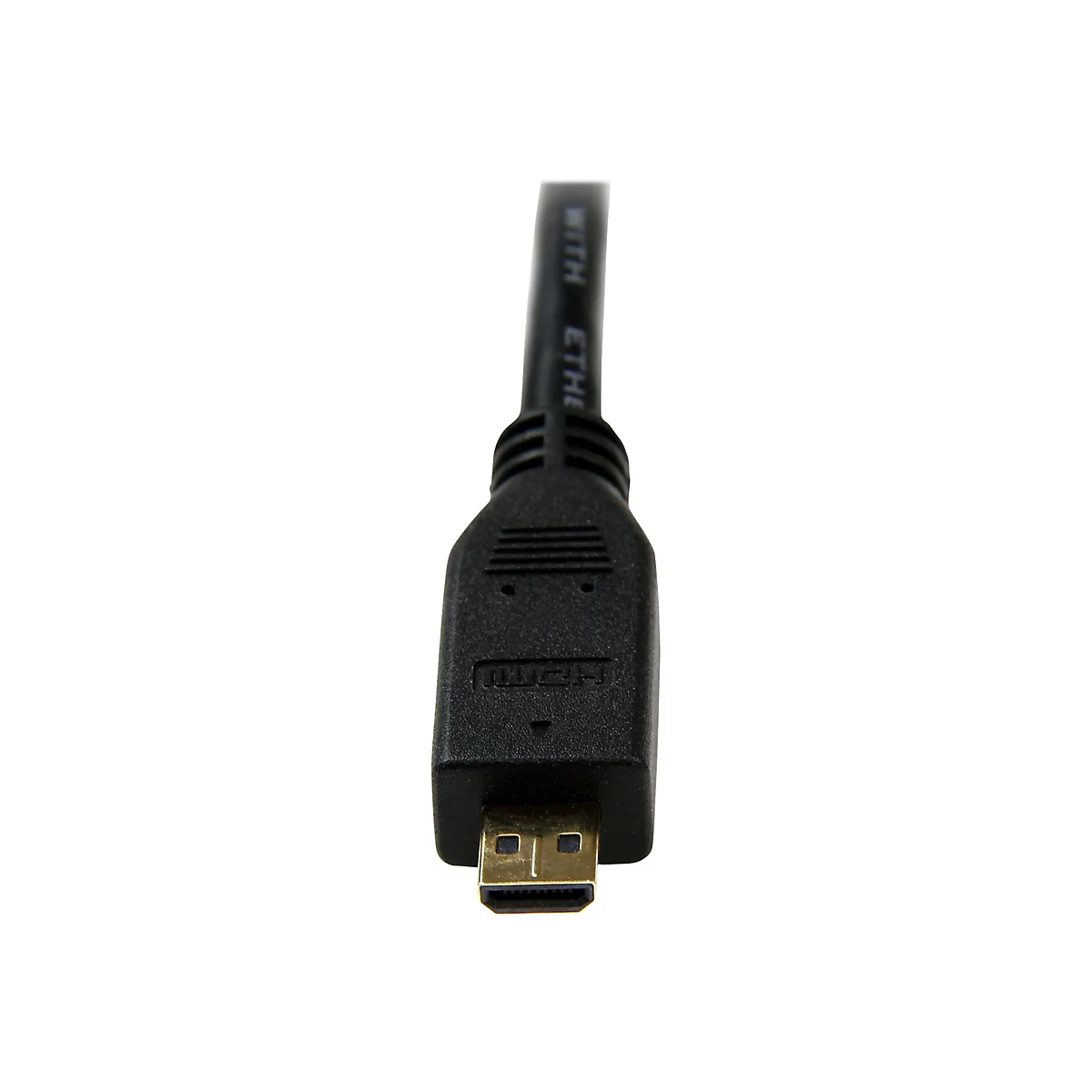 Nahaufnahme eines schwarzen HDMI-Kabels mit goldenem Stecker. Auf dem Kabel steht in Weiß "WITH ETHERNET".