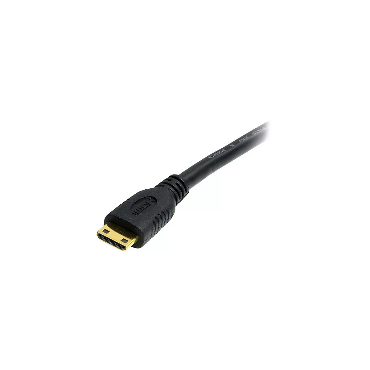 Schwarzes HDMI-Kabel mit vergoldetem Stecker, liegt diagonal vor weißem Hintergrund.