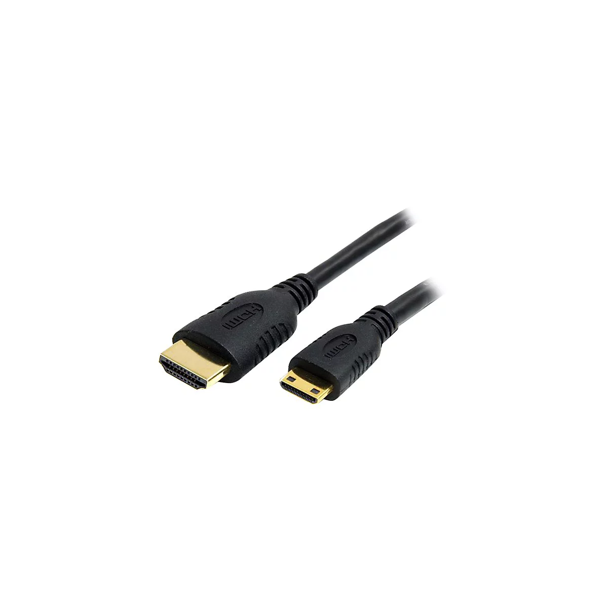 Schwarzes HDMI-Kabel mit goldenen Steckern. Großes und kleines Ende mit HDMI-Logo.