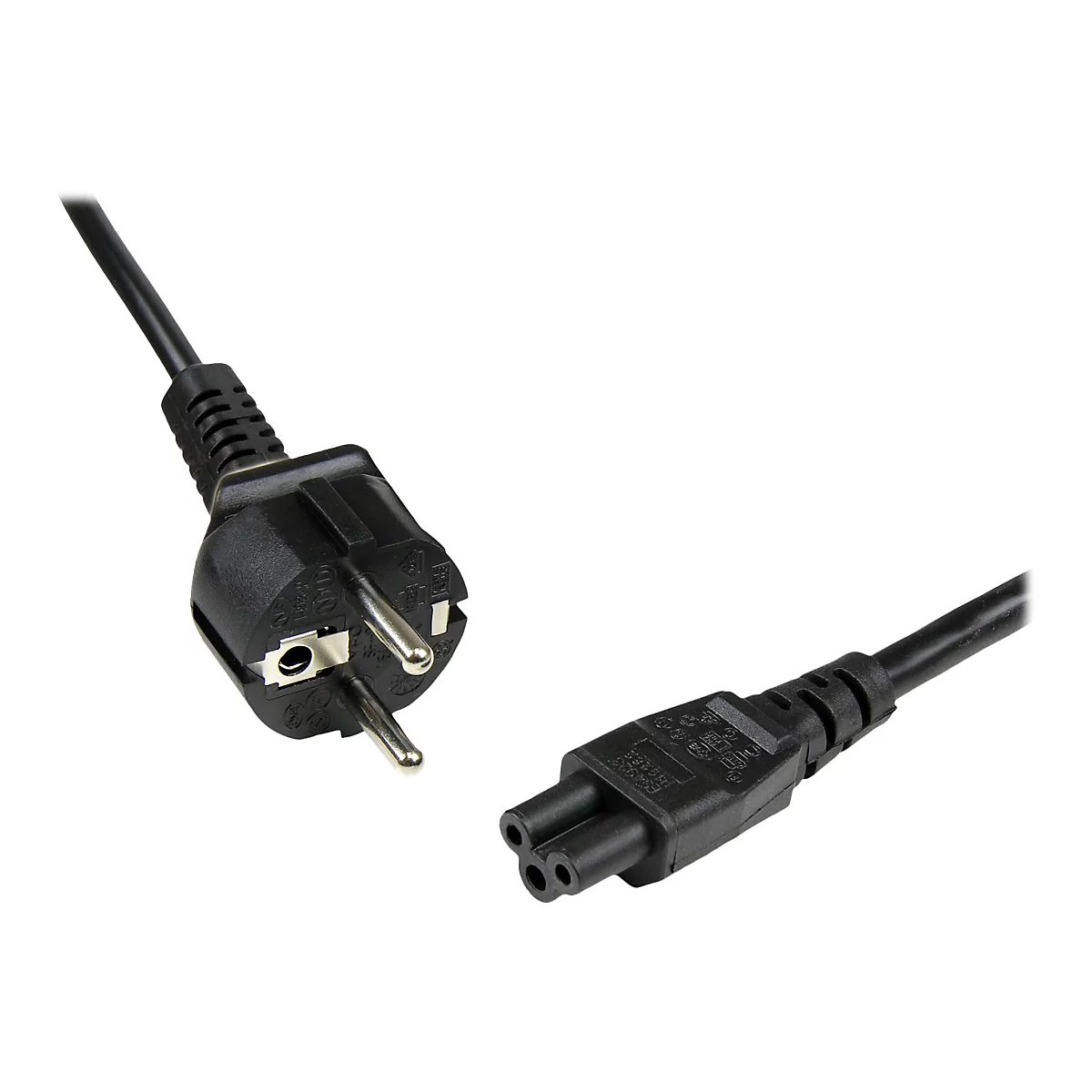 Ein schwarzes Netzkabel mit Stecker und Buchse, die auf weißem Hintergrund liegen.