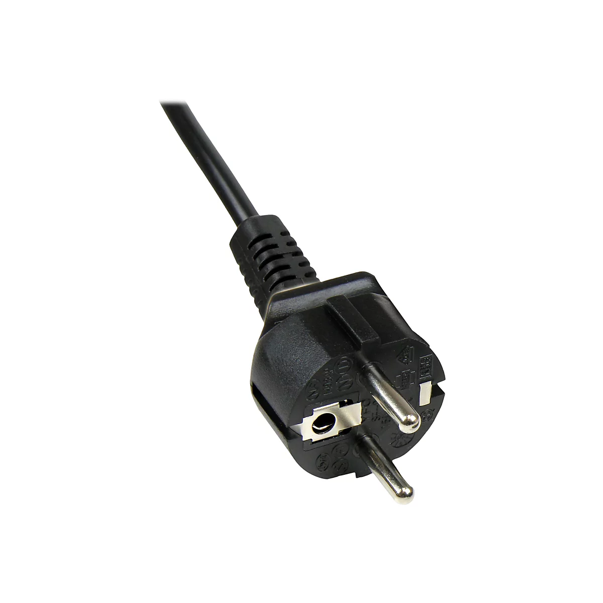 Nahaufnahme eines schwarzen Steckers mit Metallstiften. Das Kabel ist schwarz und hat eine geriffelte Oberfläche.