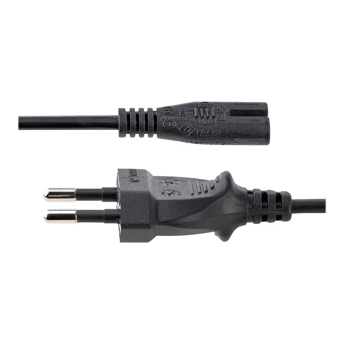 Schwarzes Stromkabel mit zwei Steckern und einem Stecker an weißem Hintergrund.