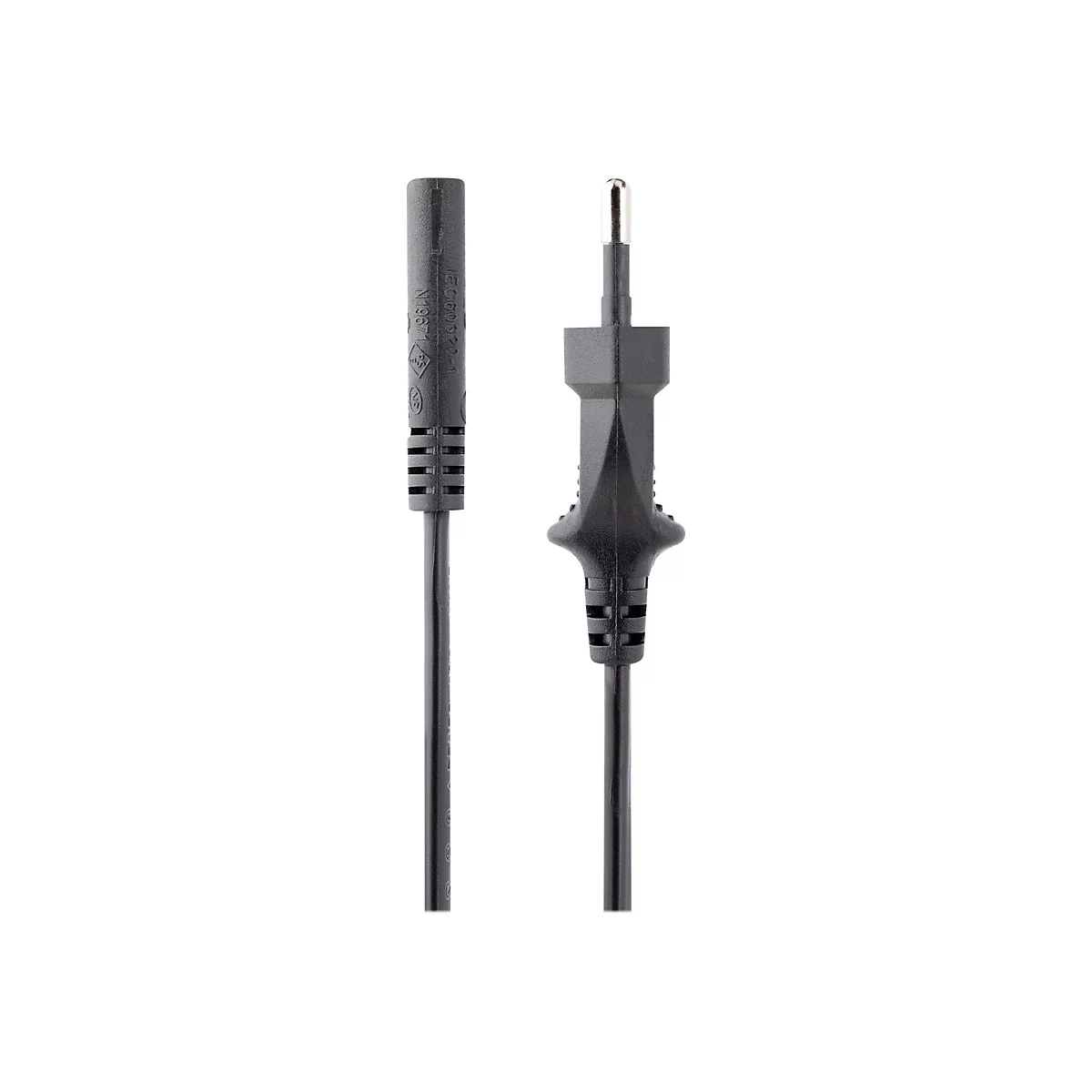 Ein schwarzes Kabel mit zwei Enden, eines mit einem metallischen Stift, das andere mit Kennzeichnungen. Beide auf weißem Grund.