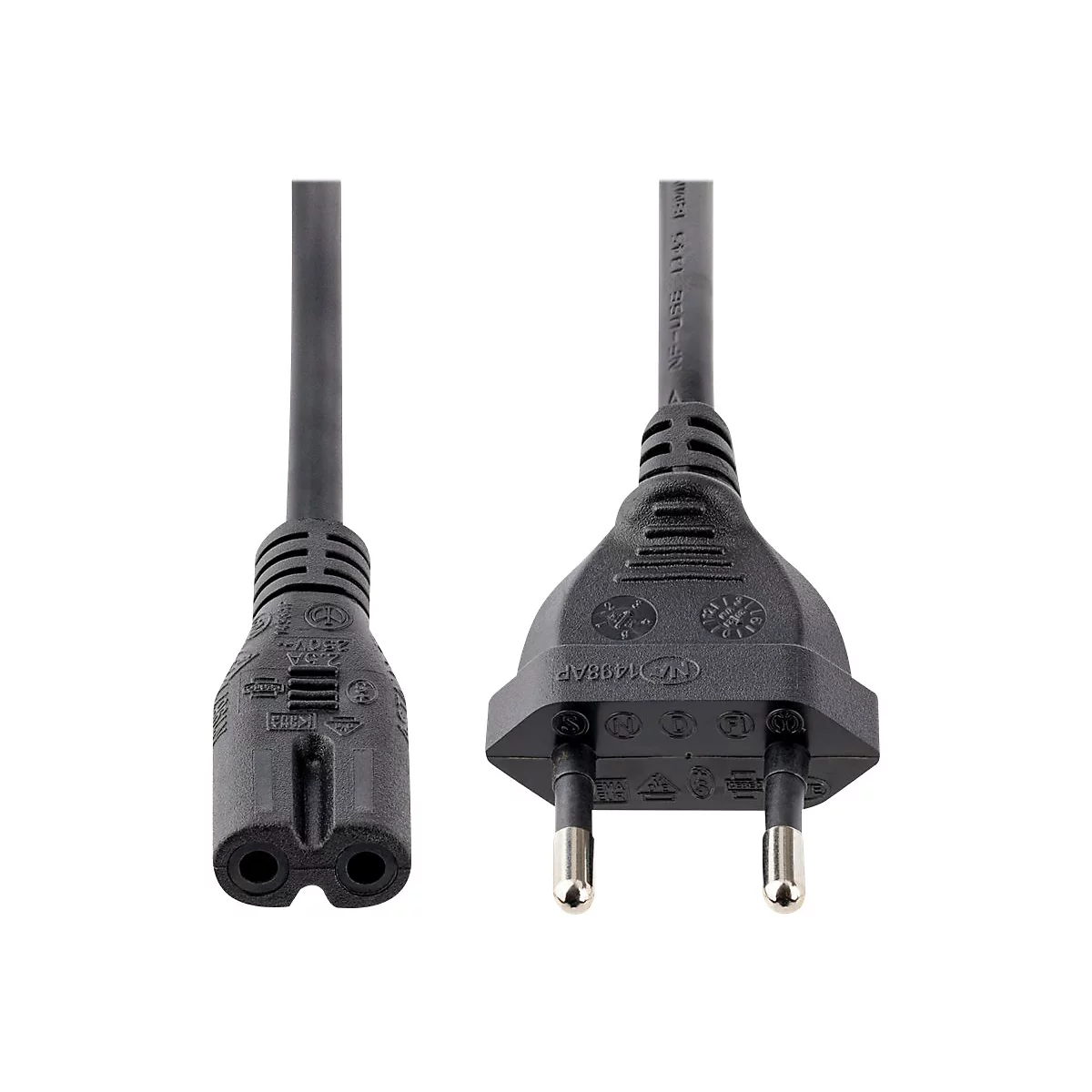 Schwarzes Netzkabel mit Stecker und Buchse. Der Stecker hat zwei runde Pins, die Buchse zwei Löcher.