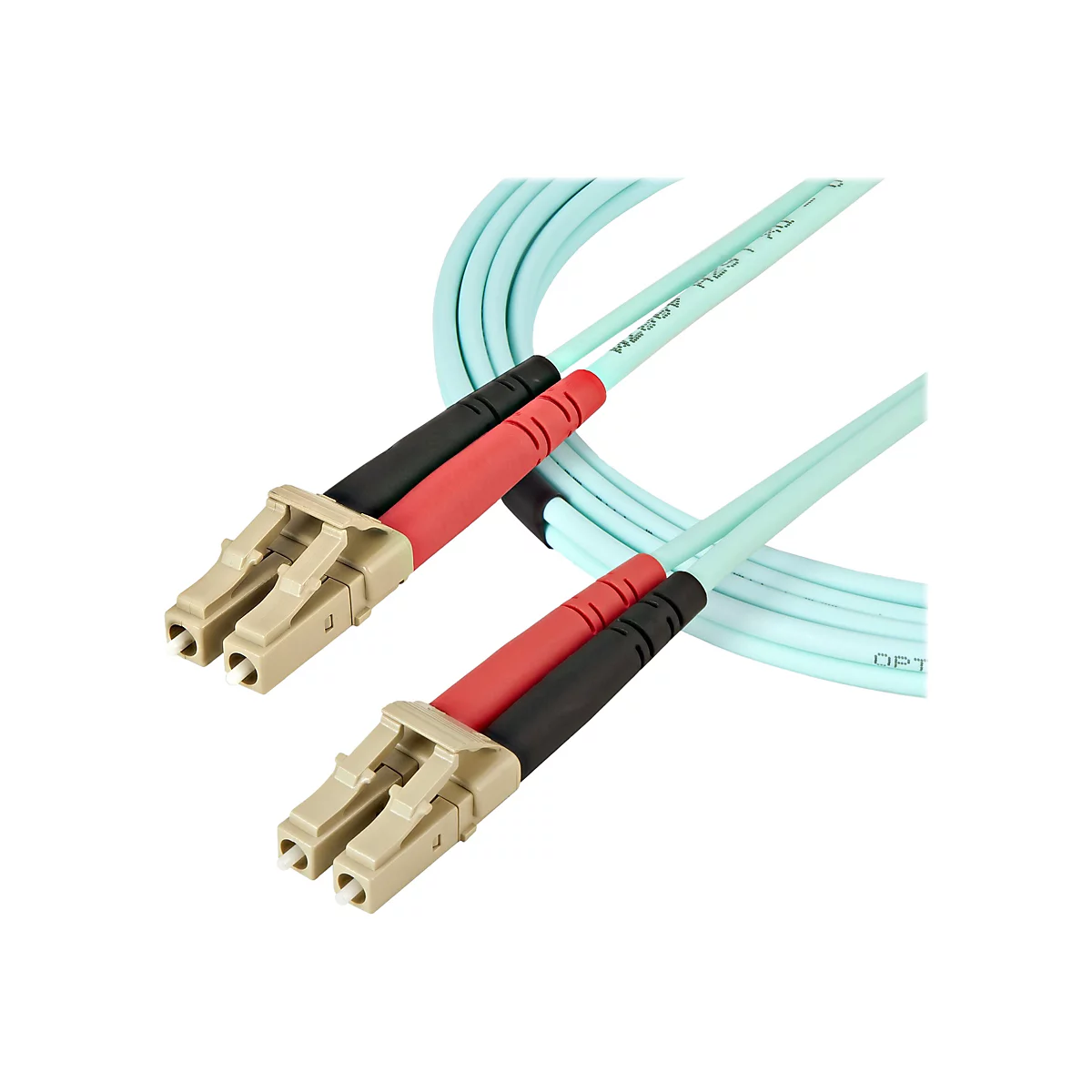 Hellblaues Glasfaserkabel mit beigen Steckern. Schwarze und rote Elemente am Kabelanschluss.