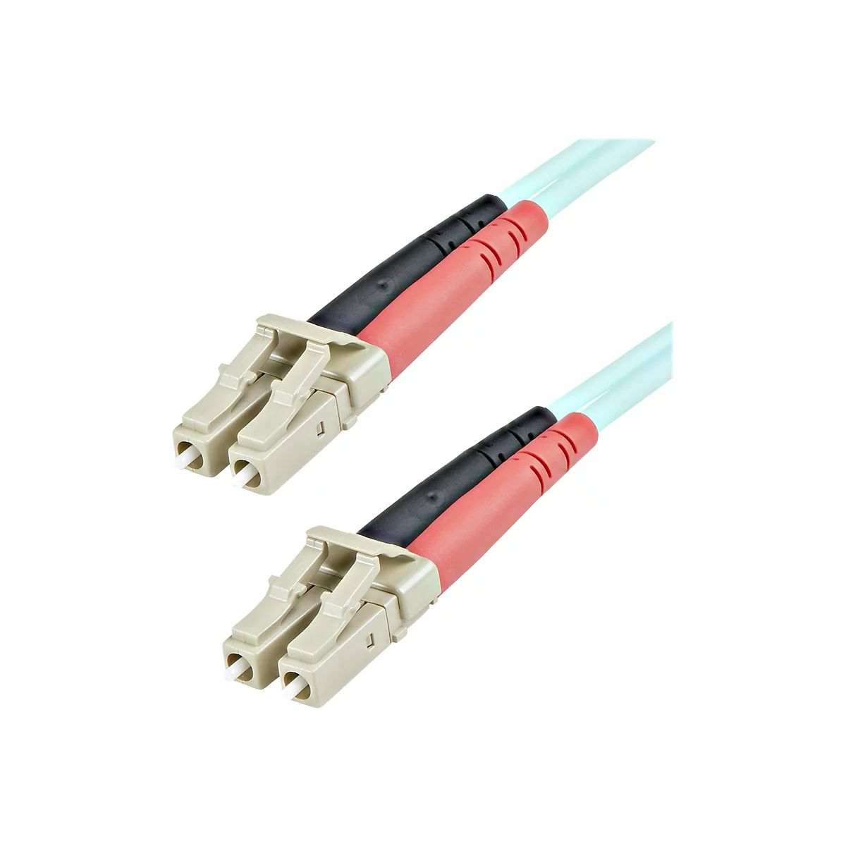 Zwei Lichtwellenleiter-Kabel mit beigen Steckern, schwarzen und roten Kabelenden und hellblauem Kabel.