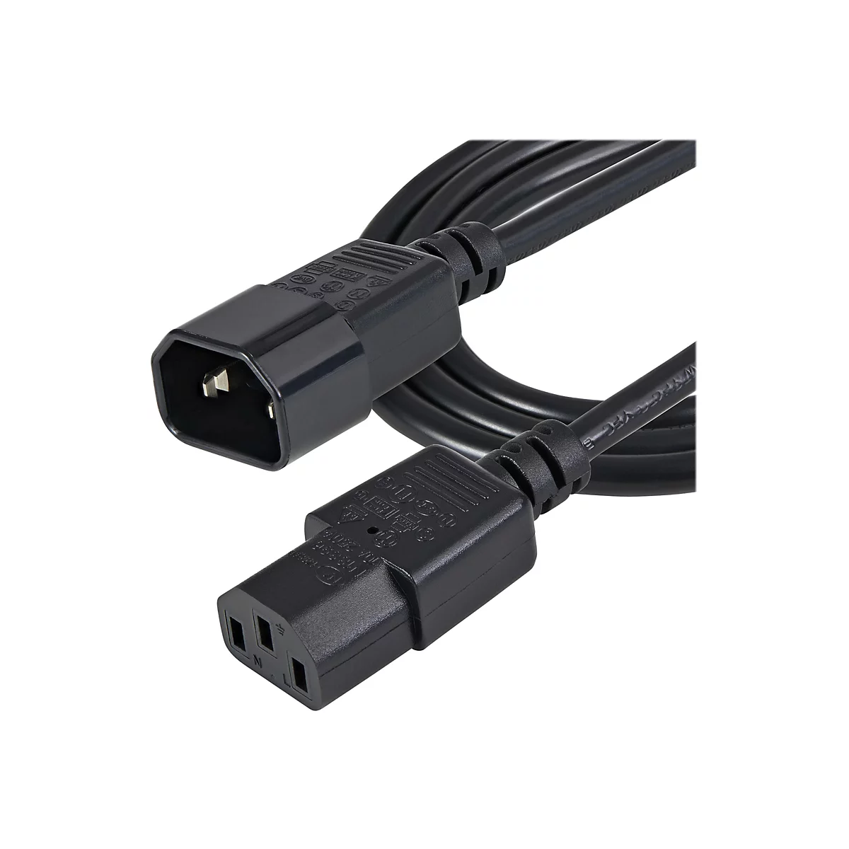 Ein schwarzes Netzkabel mit zwei Steckern, die durch ein Kabel verbunden sind, vor weißem Hintergrund.