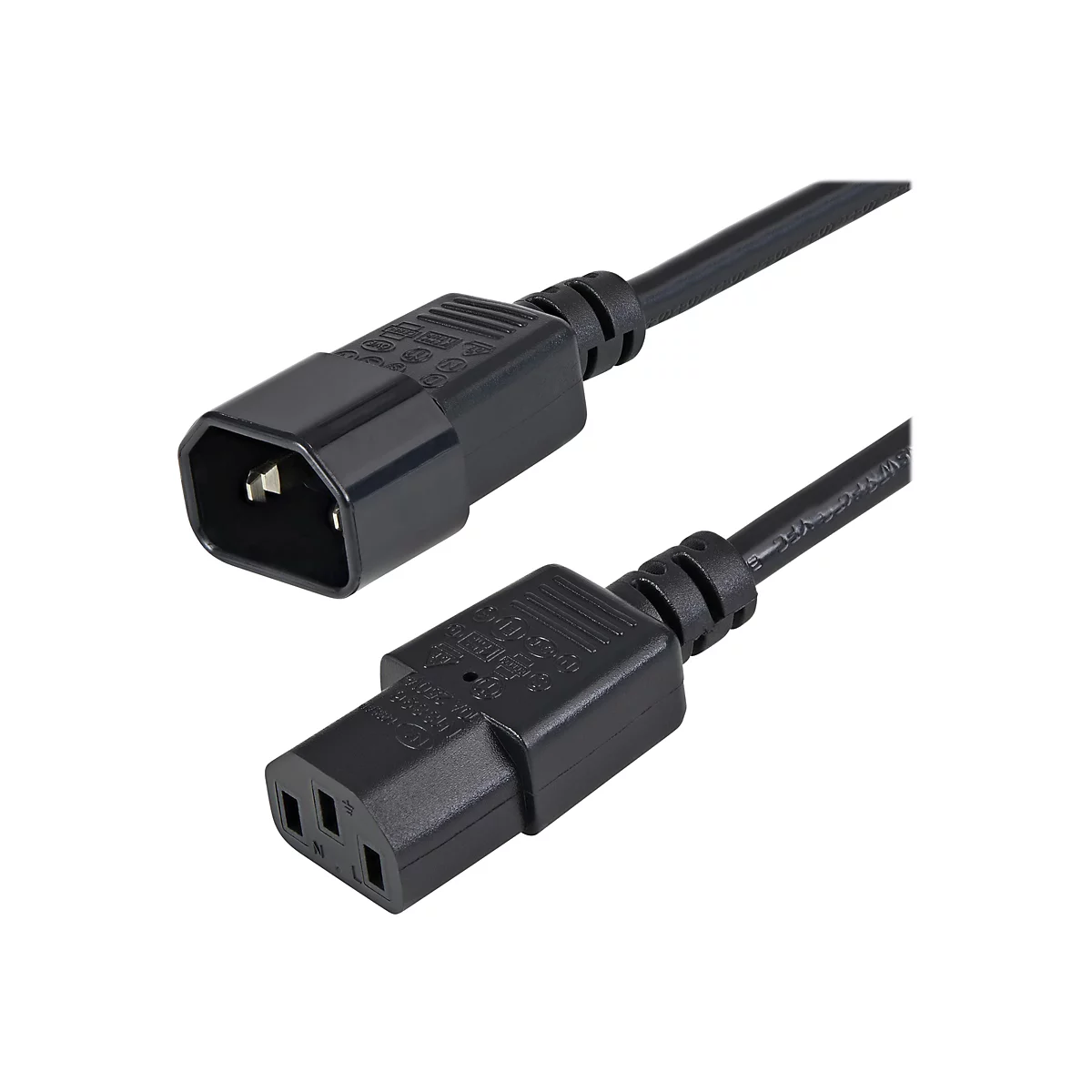 Schwarzes Netzkabel mit zwei Steckern, der Stecker oben hat drei Öffnungen und der untere hat drei Stifte.
