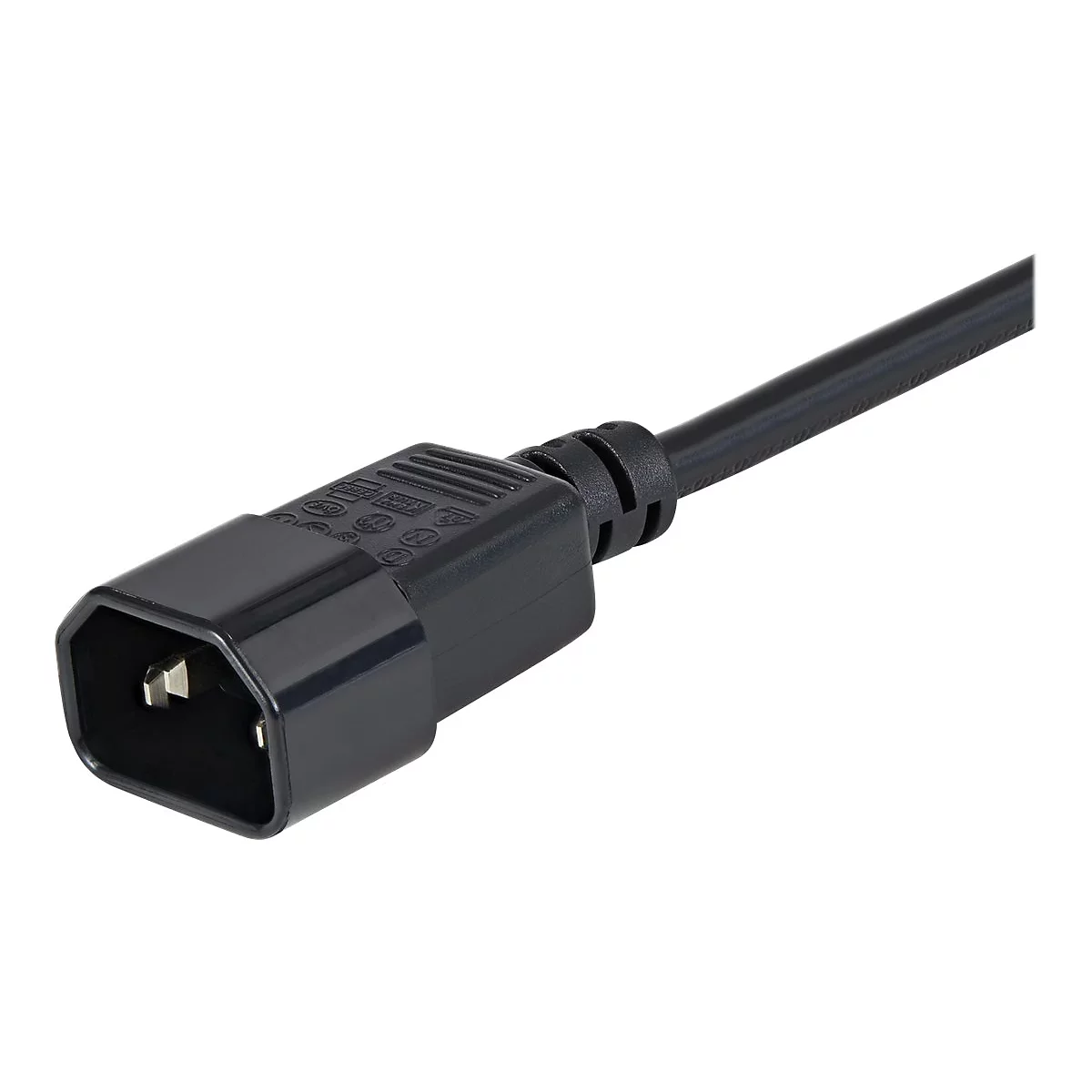 Schwarzer Netzkabel Stecker, Detailansicht auf weißem Hintergrund.