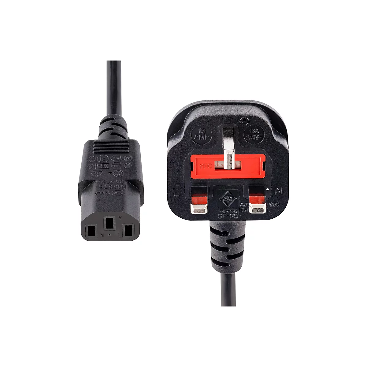 Ein schwarzes Netzkabel mit Stecker und Buchse. Der Stecker hat einen roten Schalter und Angaben wie 13 AMP und 250V. Auf der Buchse stehen Angaben wie 10A 250V.