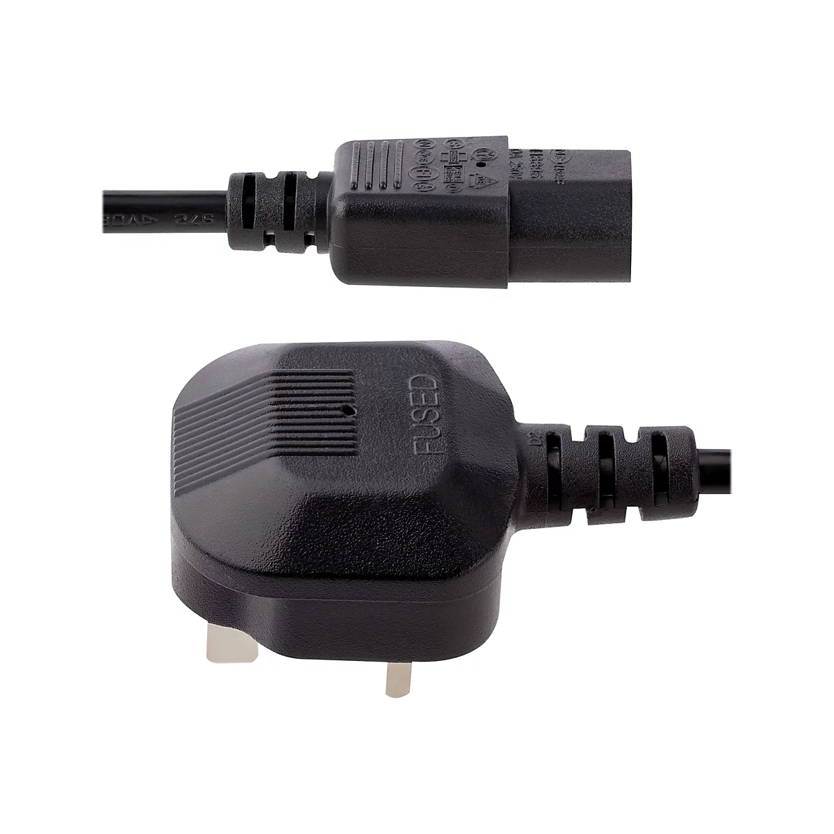 Schwarzer Netzstecker mit C13-Buchse und dreipoligem Stecker, das Wort „Fused“ ist deutlich zu erkennen.