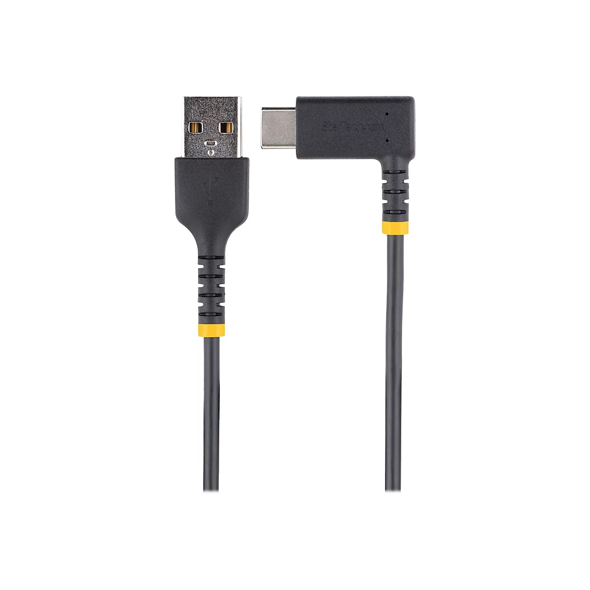 Ein schwarzes USB-Kabel mit USB-A- und USB-C-Stecker. Gelbe Akzente. Auf dem Stecker steht Startech.com.