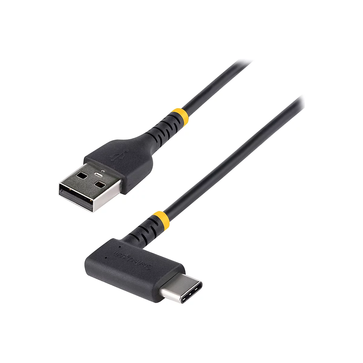 Ein schwarzes USB-Kabel mit USB-A- und USB-C-Steckern, gelben Akzenten und dem StarTech.com-Logo.