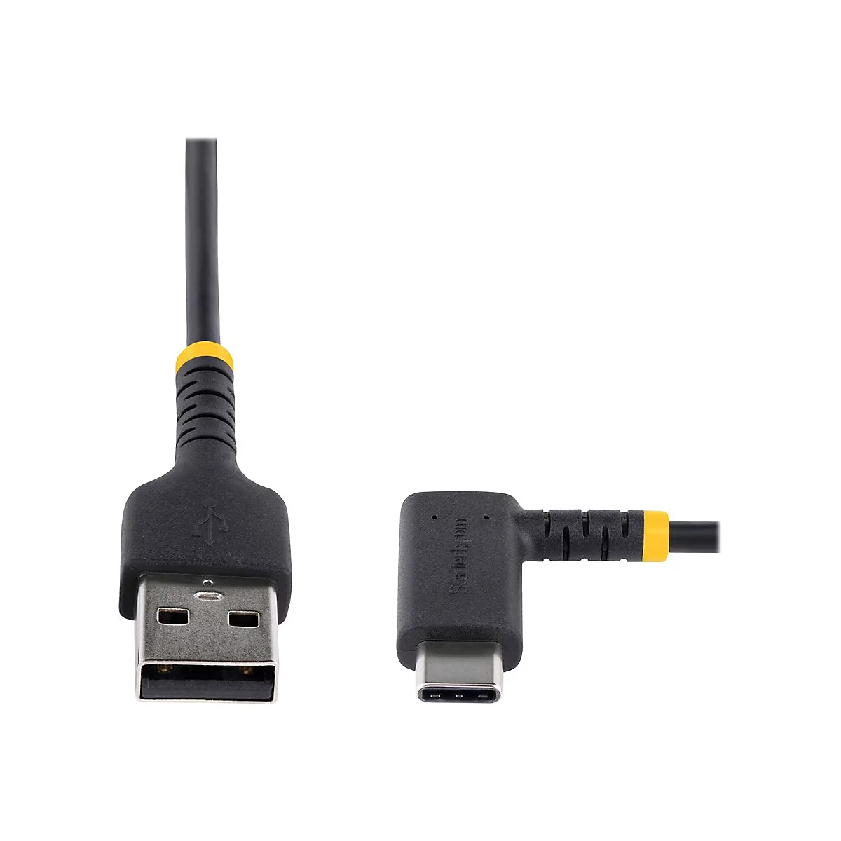 Schwarz-gelbes USB-C-Kabel. USB-A- und USB-C-Anschlüsse. StarTech-Logo.