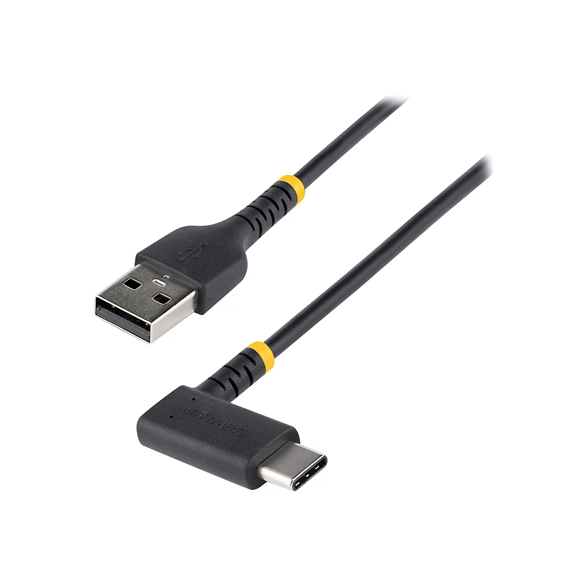 Schwarzes USB-Kabel mit USB-A- und USB-C-Stecker. Der Kabelstrang ist mit gelben Ringen versehen.